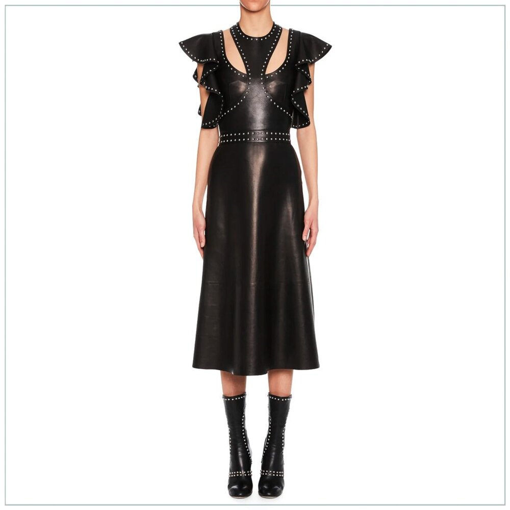 $8990 Alexander McQueen Studded Trim Lamb Leather Ruffle Runway Midi Dress - Picture 7 of 11